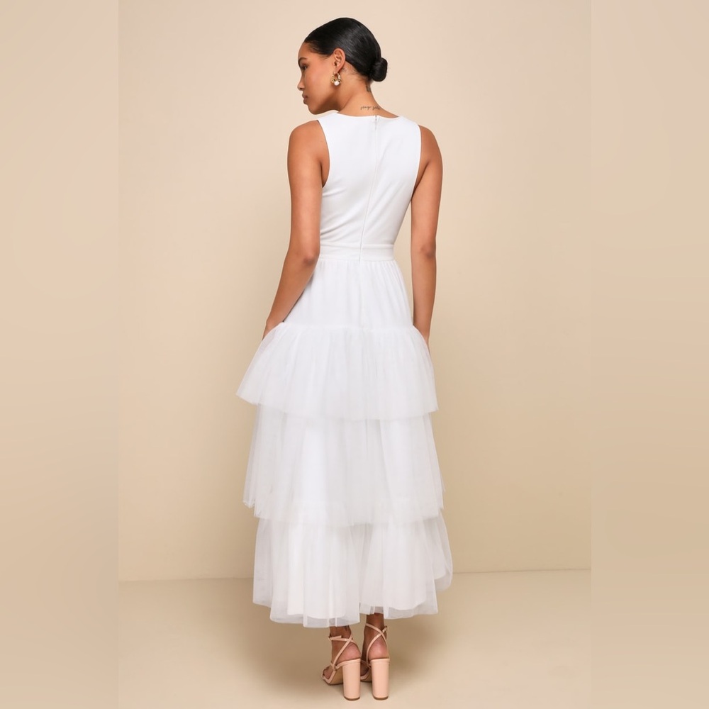 NWT Tier-ly Divine White Tulle V-Neck Tiered Maxi Dress - Picture 4 of 6